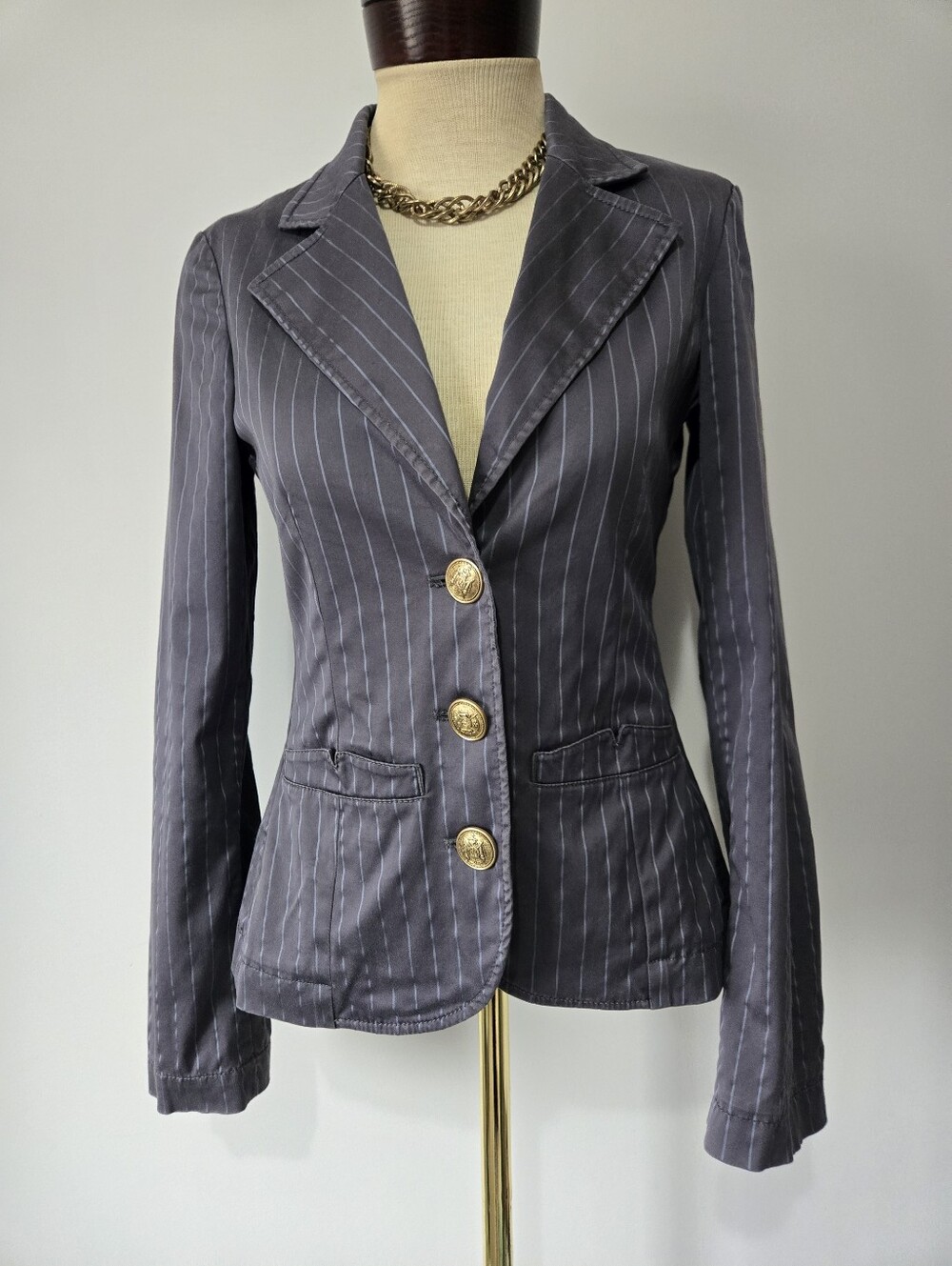 Guess Y2K  Pinstripe Cotton Blazer Jacket - Charcoal With Blue Pinstripe. Size S